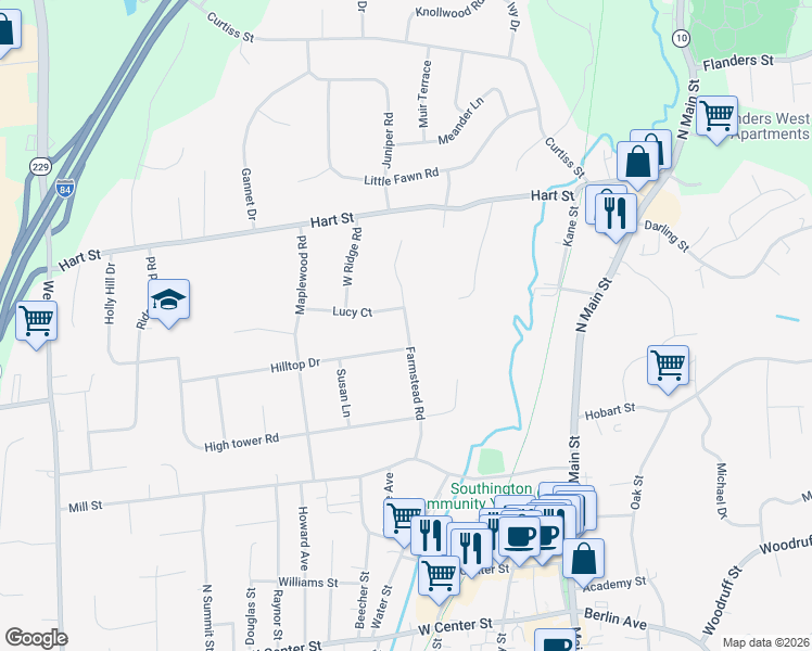 map of restaurants, bars, coffee shops, grocery stores, and more near 139 Farmstead Road in Southington