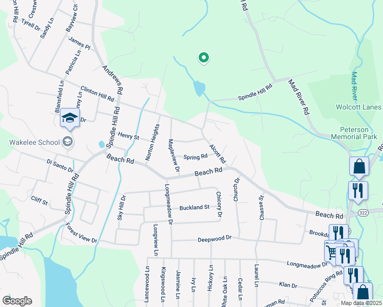 map of restaurants, bars, coffee shops, grocery stores, and more near 27 Spring Road in Wolcott