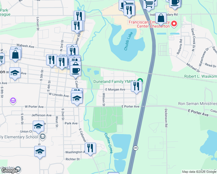 map of restaurants, bars, coffee shops, grocery stores, and more near 300-316 Landman St in Chesterton