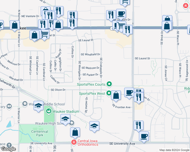 map of restaurants, bars, coffee shops, grocery stores, and more near 750 Southeast Parker Drive in Waukee