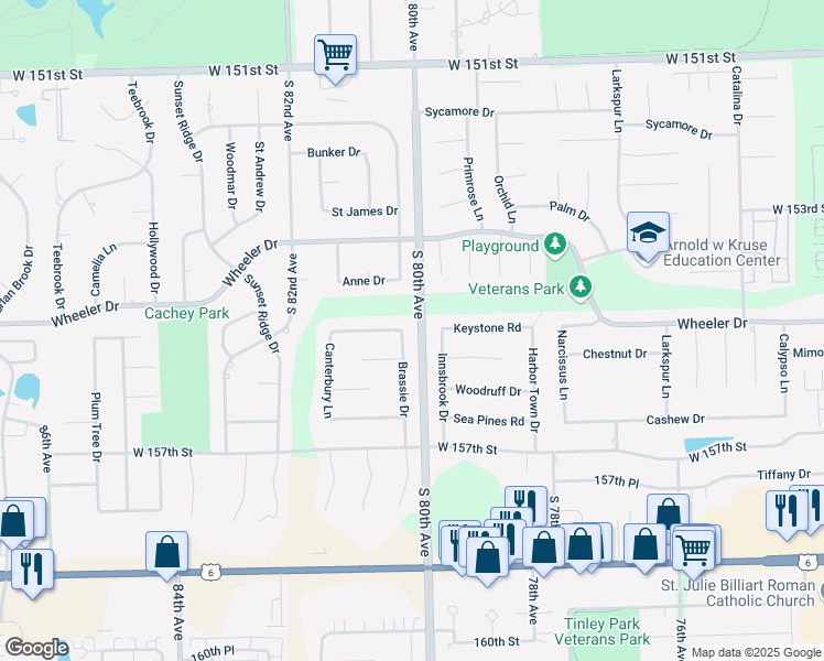 map of restaurants, bars, coffee shops, grocery stores, and more near 15513 Brassie Drive in Orland Park