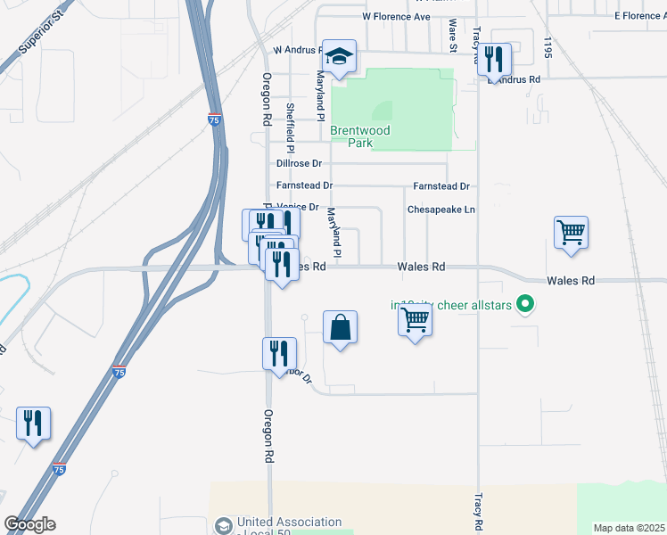 map of restaurants, bars, coffee shops, grocery stores, and more near 7321 Wales Rd in Northwood