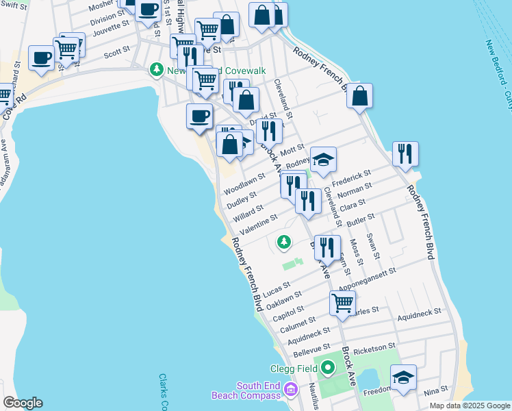 map of restaurants, bars, coffee shops, grocery stores, and more near 78 Willard Street in New Bedford