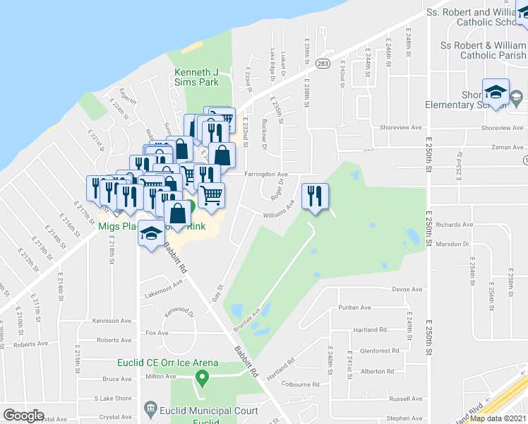 map of restaurants, bars, coffee shops, grocery stores, and more near 23296 Williams Avenue in Euclid