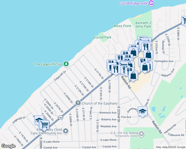 map of restaurants, bars, coffee shops, grocery stores, and more near 151 East 216th Street in Euclid