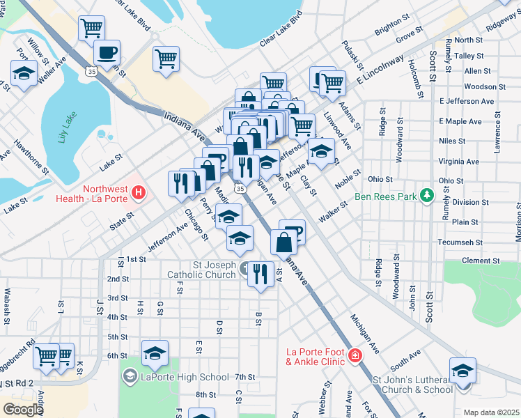 map of restaurants, bars, coffee shops, grocery stores, and more near 805 Harrison Street in La Porte