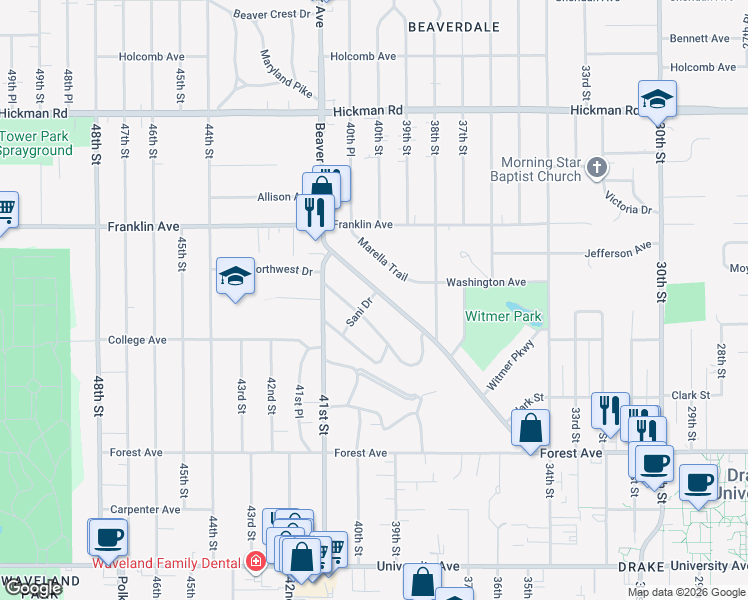 map of restaurants, bars, coffee shops, grocery stores, and more near 1652 Beaver Avenue in Des Moines