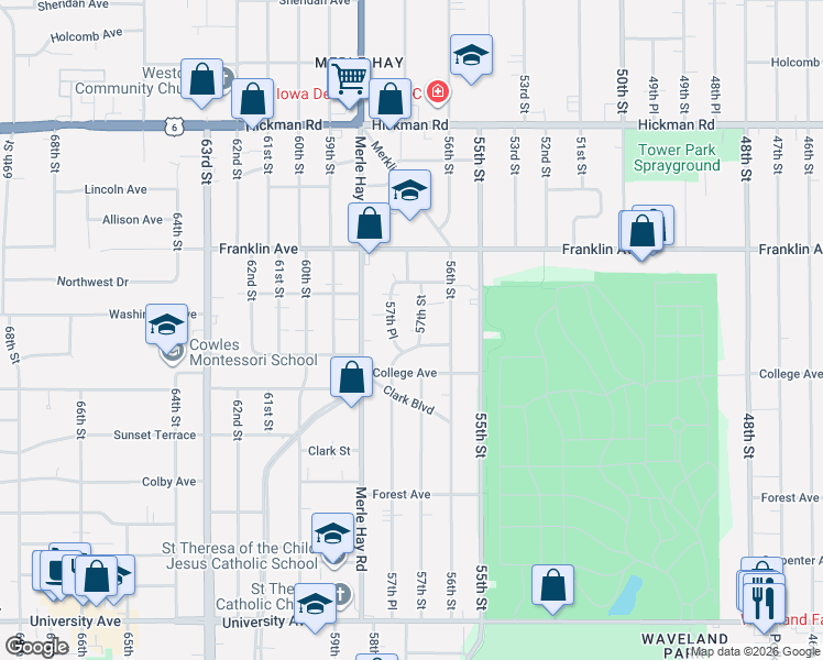 map of restaurants, bars, coffee shops, grocery stores, and more near 5709 Washington Avenue in Des Moines
