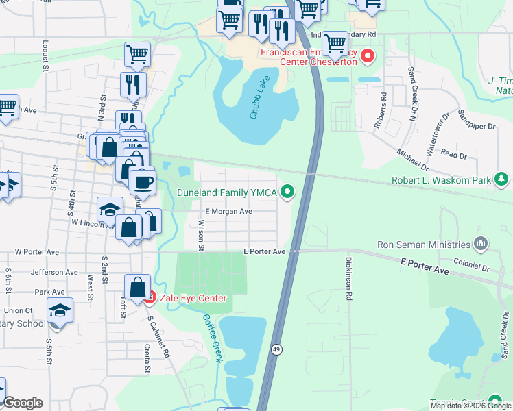 map of restaurants, bars, coffee shops, grocery stores, and more near 300-398 Jeffrey Street in Chesterton