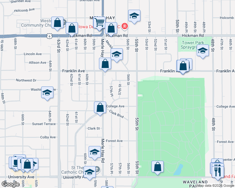 map of restaurants, bars, coffee shops, grocery stores, and more near 5709 Washington Avenue in Des Moines
