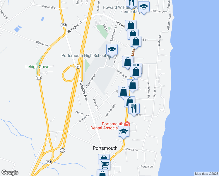 map of restaurants, bars, coffee shops, grocery stores, and more near 78 Independence Court in Portsmouth