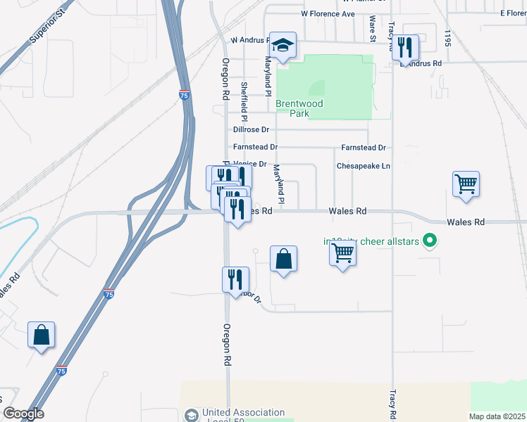 map of restaurants, bars, coffee shops, grocery stores, and more near 7321-7459 Wales Road in Northwood