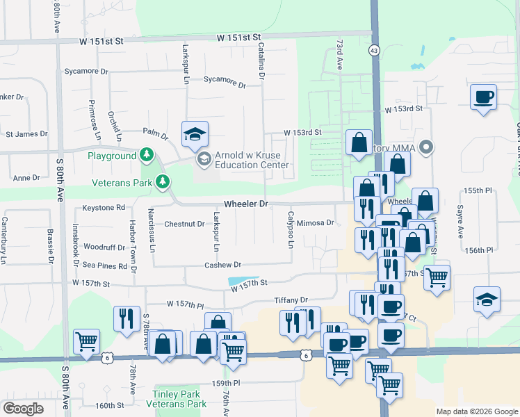 map of restaurants, bars, coffee shops, grocery stores, and more near 15542 Heather Court in Orland Park