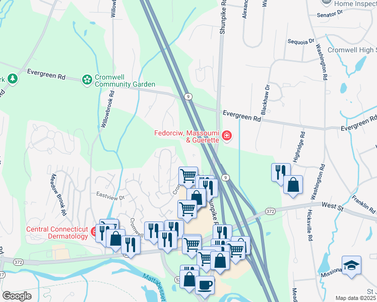 map of restaurants, bars, coffee shops, grocery stores, and more near 2222 Cromwell Hills Drive in Cromwell