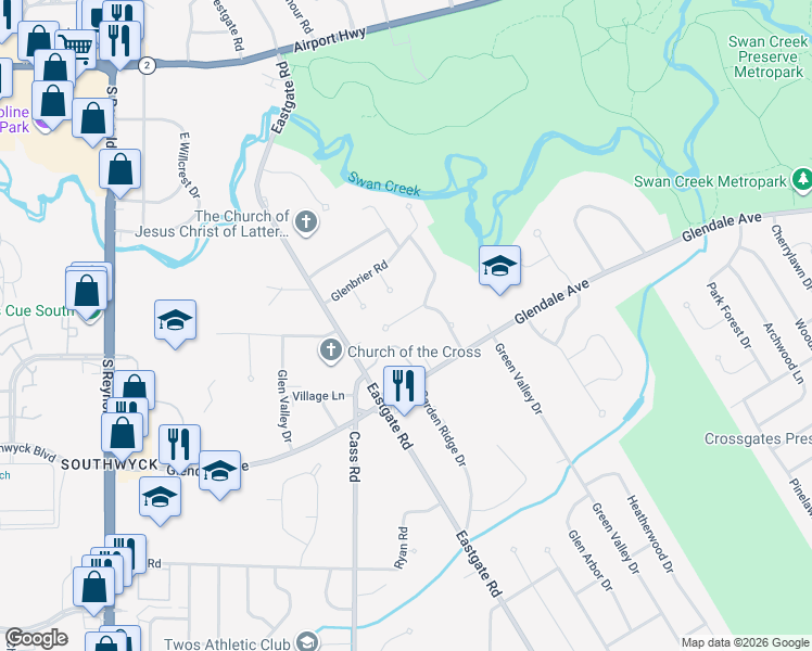 map of restaurants, bars, coffee shops, grocery stores, and more near 4711 Valley Ridge Court in Toledo