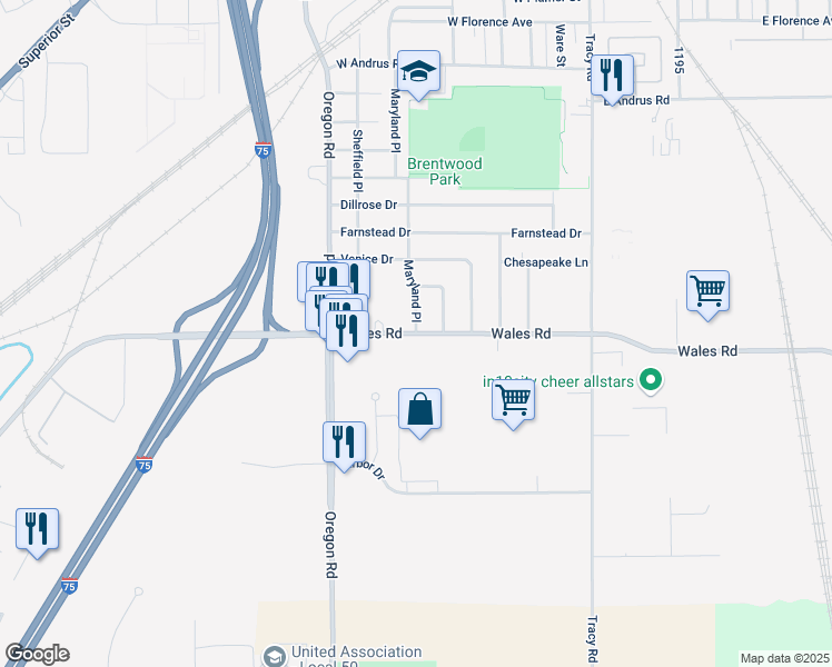 map of restaurants, bars, coffee shops, grocery stores, and more near 7321 Wales Road in Northwood