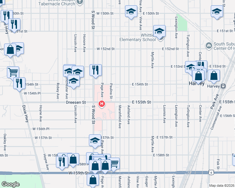 map of restaurants, bars, coffee shops, grocery stores, and more near 15443 Marshfield Avenue in Harvey