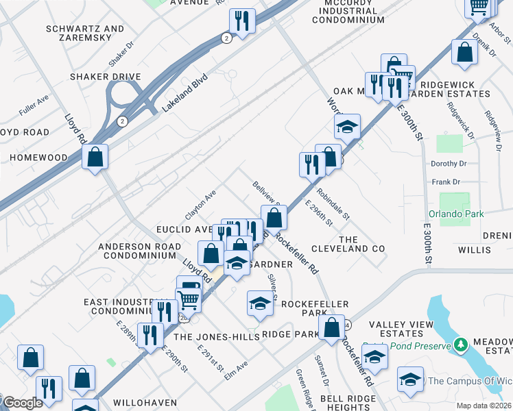 map of restaurants, bars, coffee shops, grocery stores, and more near 1455 Rockefeller Road in Wickliffe