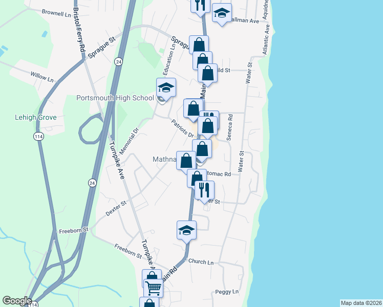 map of restaurants, bars, coffee shops, grocery stores, and more near 2930 East Main Road in Portsmouth