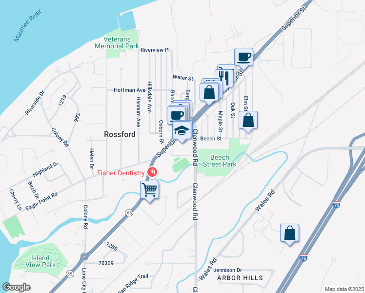 map of restaurants, bars, coffee shops, grocery stores, and more near 701 Superior Street in Rossford