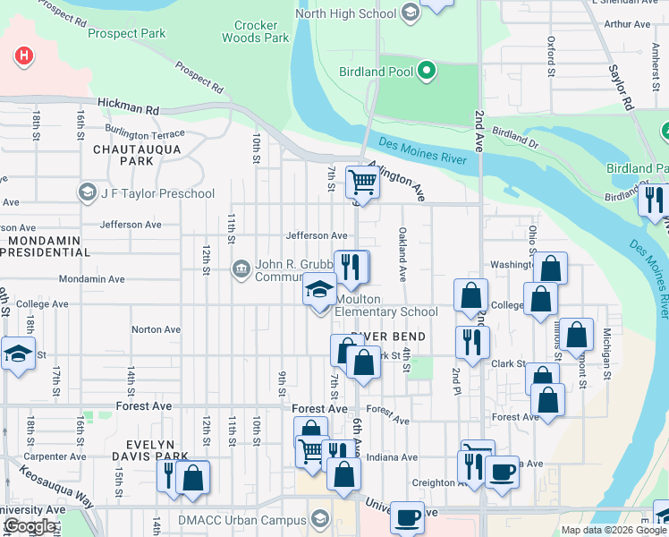 map of restaurants, bars, coffee shops, grocery stores, and more near in Des Moines