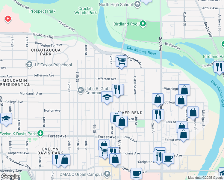 map of restaurants, bars, coffee shops, grocery stores, and more near in Des Moines