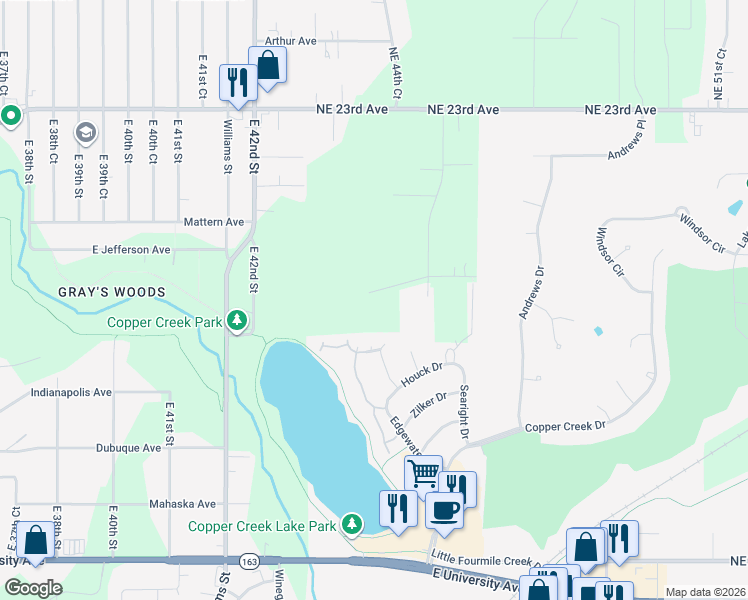 map of restaurants, bars, coffee shops, grocery stores, and more near 4405 Northeast 19th Avenue in Des Moines