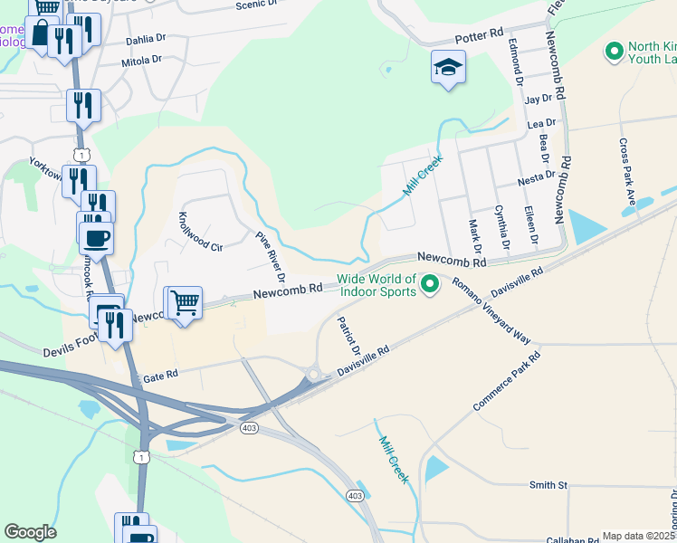 map of restaurants, bars, coffee shops, grocery stores, and more near 314 Newcomb Road in North Kingstown