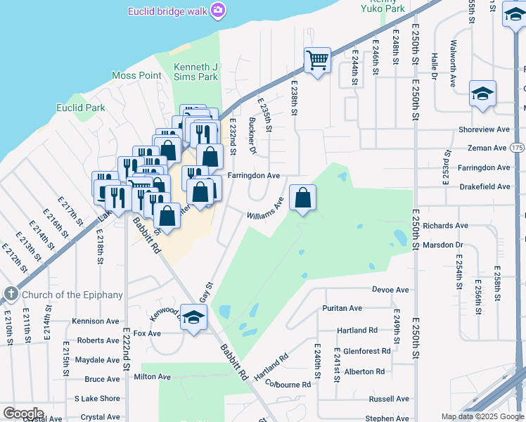 map of restaurants, bars, coffee shops, grocery stores, and more near 23296 Williams Avenue in Euclid