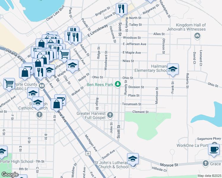 map of restaurants, bars, coffee shops, grocery stores, and more near 211 John Street in La Porte