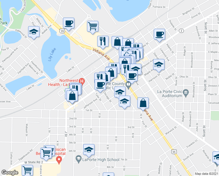 map of restaurants, bars, coffee shops, grocery stores, and more near 1108 Jefferson Avenue in La Porte
