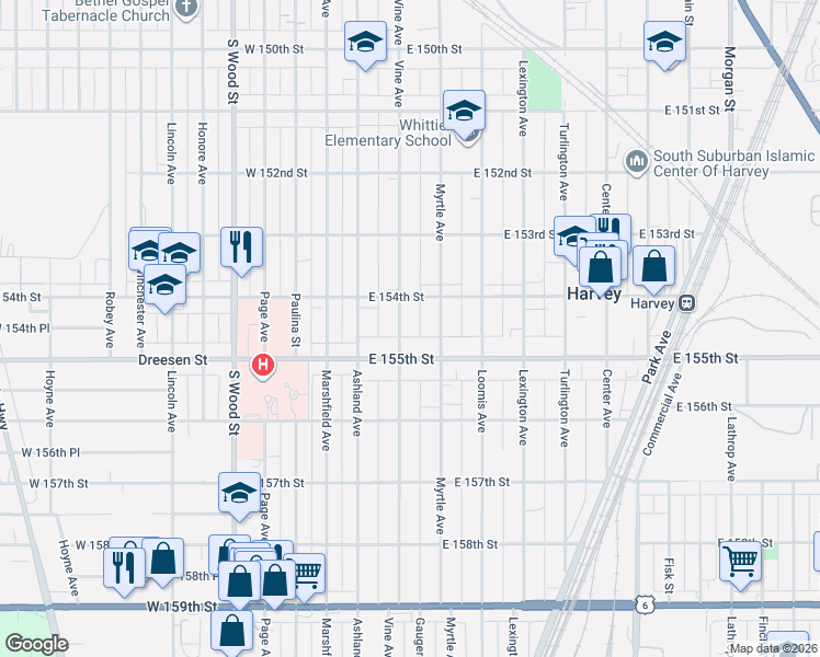 map of restaurants, bars, coffee shops, grocery stores, and more near 31 East 155th Street in Harvey