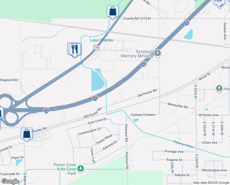 map of restaurants, bars, coffee shops, grocery stores, and more near 405-479 Old Porter Road in Porter
