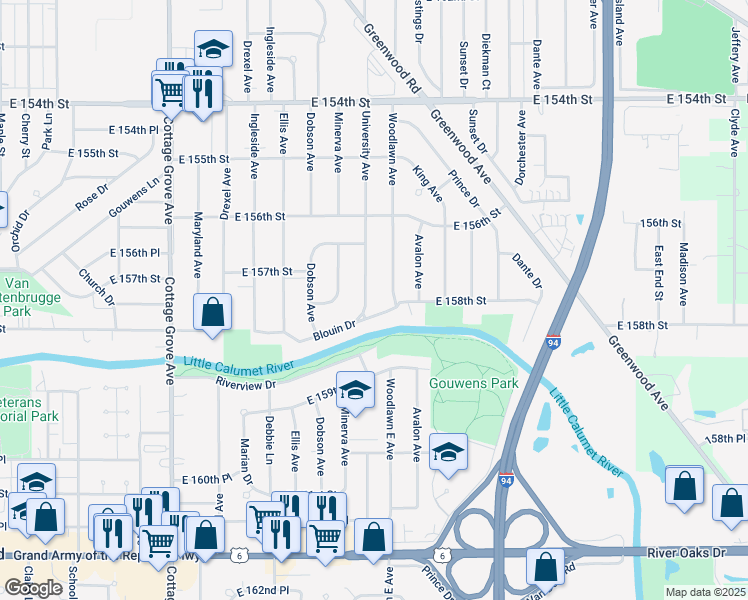 map of restaurants, bars, coffee shops, grocery stores, and more near 1116 Blouin Drive in Dolton