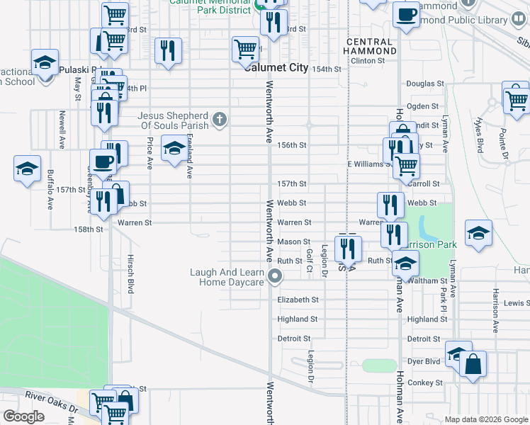 map of restaurants, bars, coffee shops, grocery stores, and more near 905 Wentworth Avenue in Calumet City