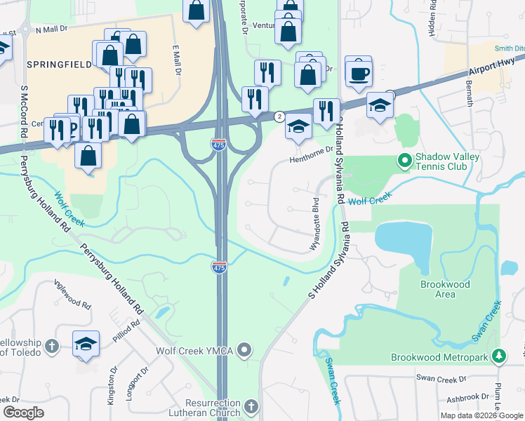 map of restaurants, bars, coffee shops, grocery stores, and more near 6244 West Wyandotte Road in Maumee
