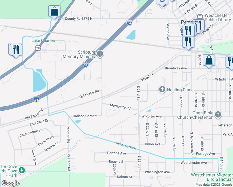 map of restaurants, bars, coffee shops, grocery stores, and more near 679 Wood Street in Porter