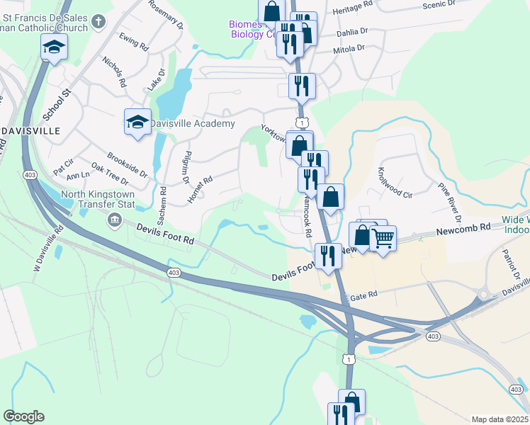 map of restaurants, bars, coffee shops, grocery stores, and more near 208 Yorktown Road in North Kingstown