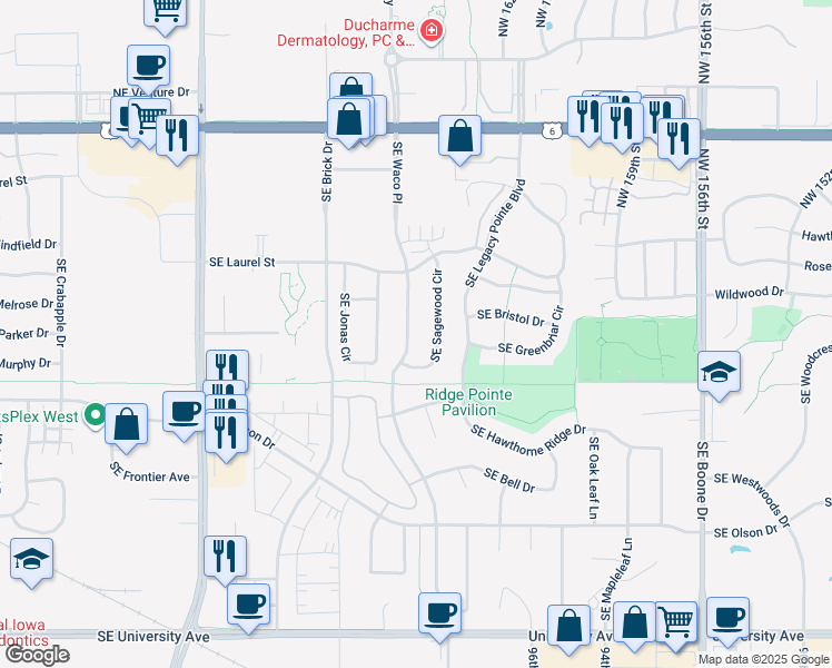 map of restaurants, bars, coffee shops, grocery stores, and more near 505 Southeast Waco Place in Waukee