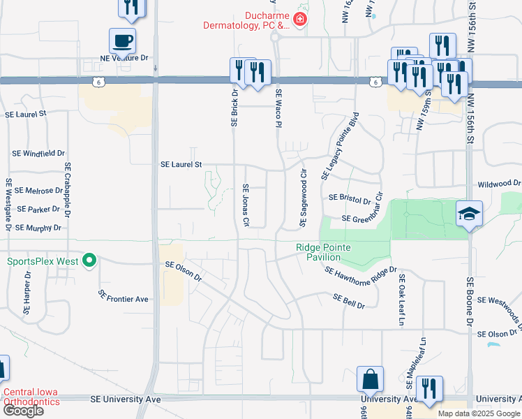 map of restaurants, bars, coffee shops, grocery stores, and more near 735 Southeast Jonas Circle in Waukee