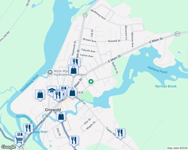 map of restaurants, bars, coffee shops, grocery stores, and more near 26 Wilson Street in Griswold