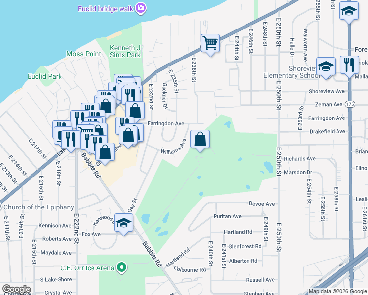 map of restaurants, bars, coffee shops, grocery stores, and more near 23314 Williams Avenue in Euclid