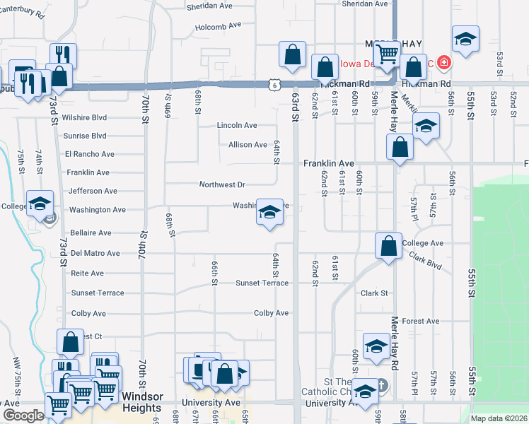 map of restaurants, bars, coffee shops, grocery stores, and more near 6401 College Avenue in Windsor Heights
