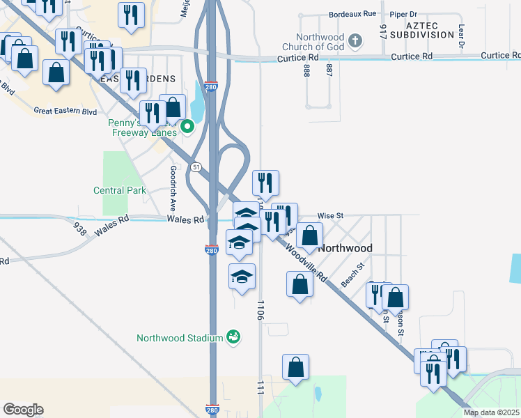 map of restaurants, bars, coffee shops, grocery stores, and more near 512 Lemoyne Road in Northwood