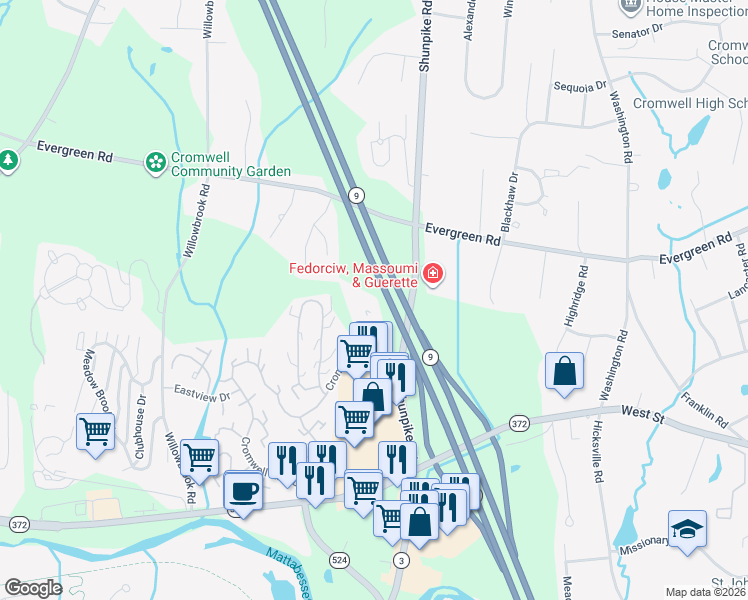 map of restaurants, bars, coffee shops, grocery stores, and more near 1000 Cromwell Hills Drive in Cromwell