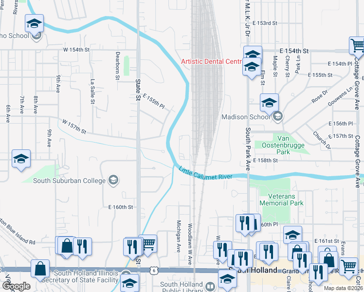 map of restaurants, bars, coffee shops, grocery stores, and more near 15743 Michigan Avenue in South Holland