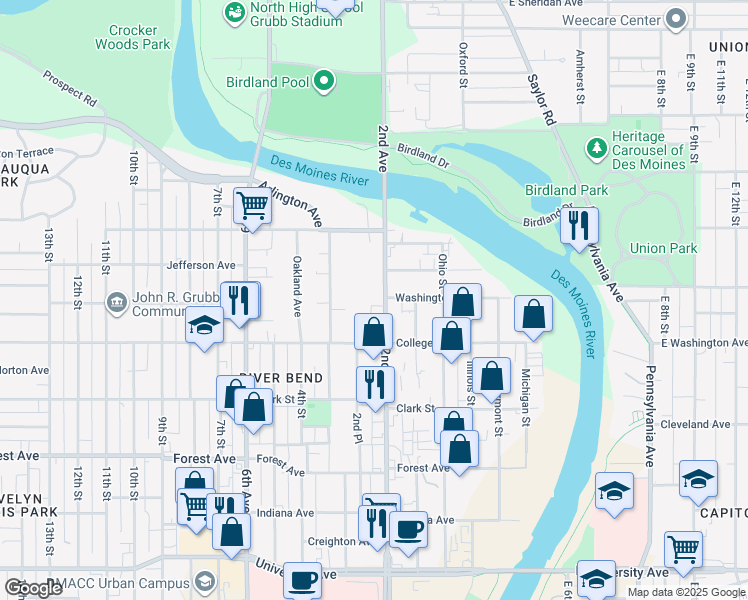 map of restaurants, bars, coffee shops, grocery stores, and more near 1700 2nd Avenue in Des Moines
