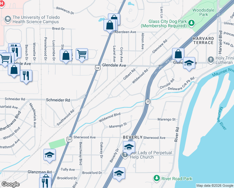 map of restaurants, bars, coffee shops, grocery stores, and more near 1751 Wildwood Road in Toledo