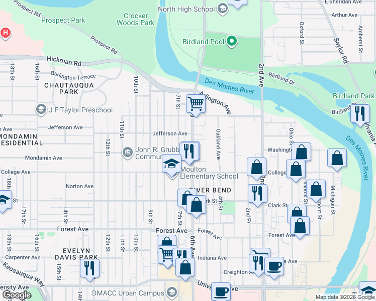 map of restaurants, bars, coffee shops, grocery stores, and more near 1700 6th Avenue in Des Moines