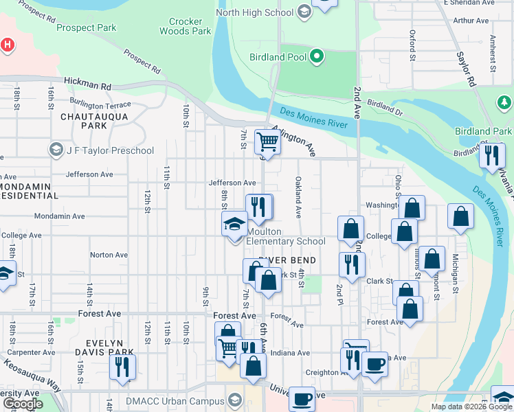 map of restaurants, bars, coffee shops, grocery stores, and more near 1700 6th Avenue in Des Moines